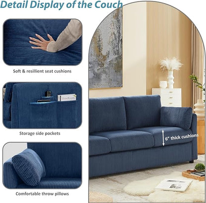 79" L Shaped Couch with Storage Ottoman, 3 Seater Corduroy Sofa with 2 Pillows and Storage Pockets, Small Modern Couches for Living Room, Apartment, Small Spaces, Home Office, Navy Blue