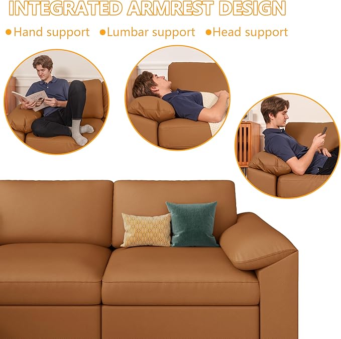 EASE MOOSE 3 Seater Deep Seat Sectional Sofa, Scratch Resistant Faux Leather Material, Oversized Modular Couch for Living Room,Modern Comfy Sofas for Small Spaces,Brown