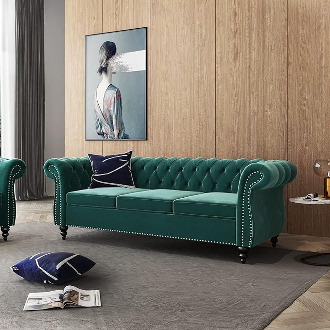 Chesterfield 3 Seater Sofa, Modern Velvet Tufted Couch 3 Seater with Rolled Arms and Nailhead Mid-Century Upholstered Couch for Living Room, Bedroom, Apartment and Office, Green