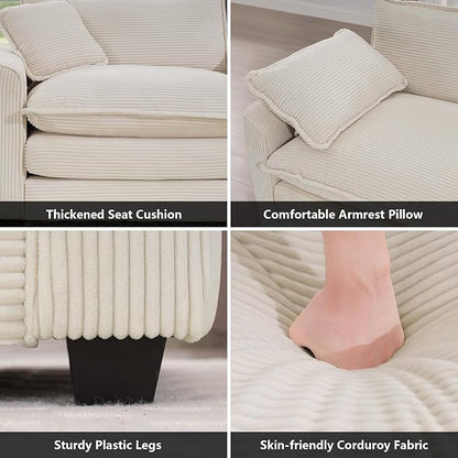 mikibama Luxury 2 Piece Sofa Set, Loveseat Couch & Sofa Armchair Set, Modern Corduroy Comfy Cloud Couches Set for Living Room Office with 2 Armrest Pillows and 3 Toss Pillows, Beige