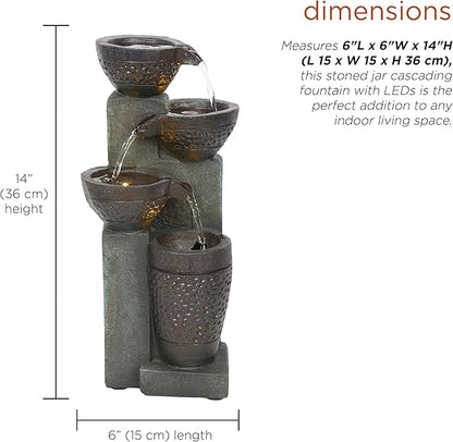 Alpine Corporation TZL412 14" Stoned Jar Cascading Water Fountain with LED Lights – Elegant Tabletop Water Feature for Home, Office, Living Room, Bedroom, and Desk Décor, Gray