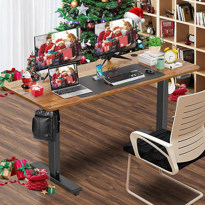 farexon Electric Standing Desk Adjustable Height, 55 x 24 Inch Sit Stand up Desk with Large Mouse Pad, Double Metal Hook,4 Wheels,4 Memory Preset Heights Home Office Computer Desk（Brown）