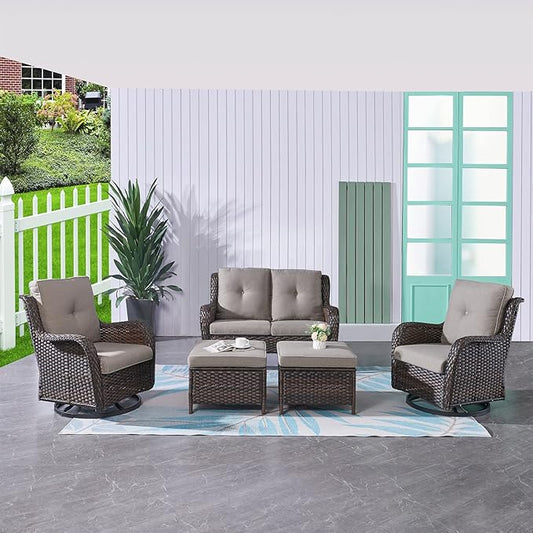 HUMMUH 5 Pieces Outdoor Furniture Patio Furniture Set Wicker Swivel Patio Chairs with 2 Seater Outdoor Sectional Sofa/Patio Loveseat with Ottomans, Brown/Grey