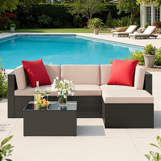 JUMMICO 5 Pieces Patio Furniture Set, Outdoor Sectional Sofa Conversation Sets, Couch Rattan Chair Wicker with Ottoman Cushion, Glass Tea Table and Pillows for Backyard Porch Garden Pool Balcony,Beige