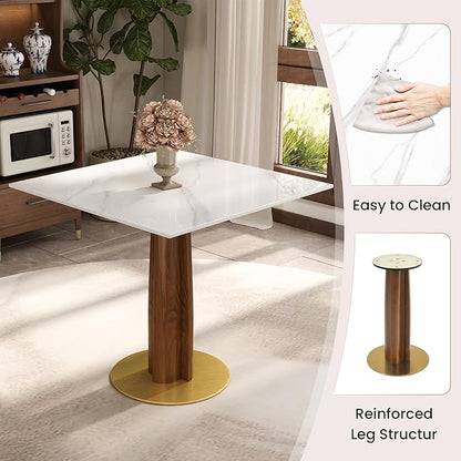 Sintered Stone Square Office Table and Chair Set - Meeting Table for Small Offices (Walnut‌ Leg and White Top, 1 Table and 4 Chairs)