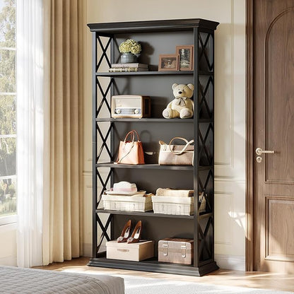 Tribesigns 71-Inch Tall Bookcase, 5-Tier Industrial Metal Bookshelf, Large Etagere Bookcases and Bookshelves, Freestanding Display Shelves for Living Room, Bedroom, Black (Set of 2)