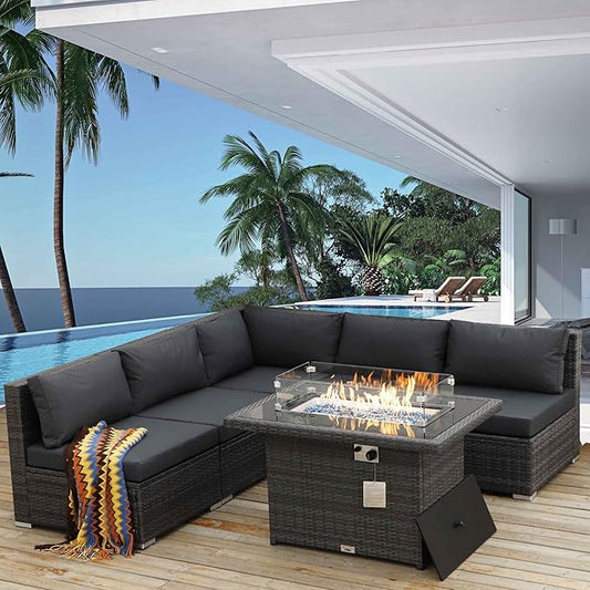 NICESOUL 6 Piece Outdoor Patio Furniture Set with Fireplace Table Natural Gas & Propane, 29.3'' High-Back L Shaped Sectional Sofa Set, Large Deep Seated Modern Conversation Couch for Tall People, Gray