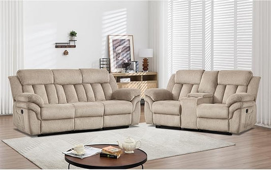 CANMOV Recliner Sofa Set,Manual Recliner Loveseat and 3-Seat Sofa with Overstuffed Armrest for Living Room,Bedroom Furniture,Office,Light Brown,2+3 Seat