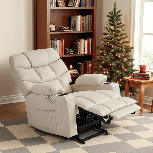 MCombo Power Lift Recliner Chair with Extended Footrest for Elderly People, Faux Leather 7287 (Cream White, Medium)