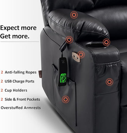 MCombo Oversized Dual Motor Power Lift Recliner Chair Sofa with Massage and Heat for Big Elderly People, Infinite Position, USB Ports, Faux Leather R7688 (Black, Large-Oversize)