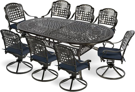 MEETWARM 9-Piece Outdoor Patio Dining Set, All-Weather Cast Aluminum Patio Conversation Set with 8 Cushioned Swivel Rocker Chairs for Backyard Garden Deck, 1 Oval Table, 2" Umbrella Hole, Navy Blue