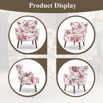 Floral Accent Chair Set of 2, Upholstered Living Room Chairs with Solid Wood Legs, Mid Century Modern Velvet High Back Armchair for Bedroom, Living Room, Pink
