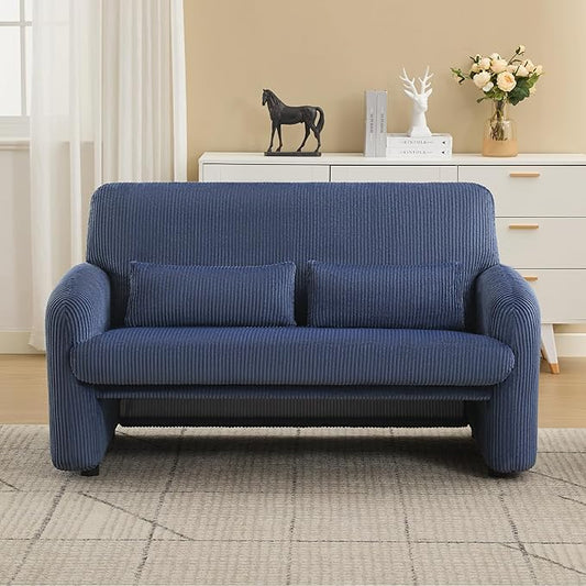 56'' Corduroy Loveseat Sofa, 2 Seater Love Seat Couch for Small Space, Comfy Upholstered Modern Leisure Loveseat Couches with Lumbar Pillows for Bedroom, Office, Living Room, Blue