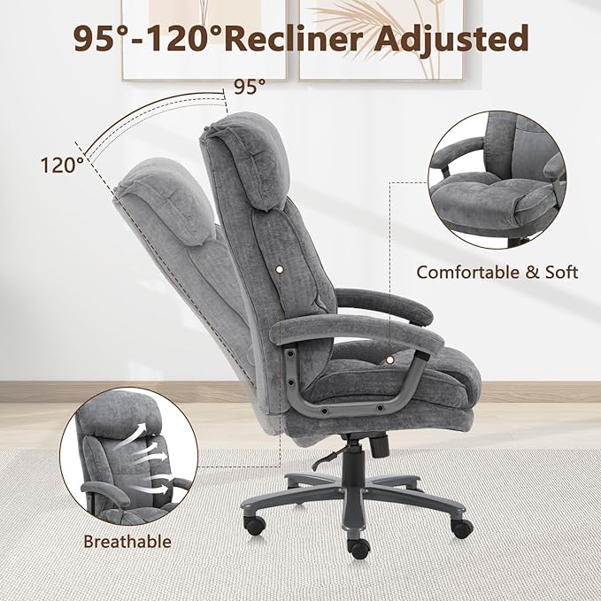 CLATINA Big and Tall Executive Office Chair, Extra Wide Seat, 800 LBS Capacity Heavy Duty Ergonomic Cloth Desk Chair with Wheels and Padded Armrests, High Back Fabric Computer Task Chair, Grey