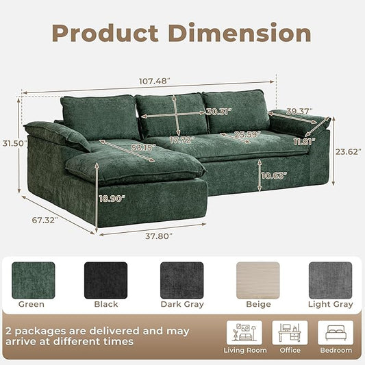 Modular Sectional Sofa, 107.5" L-Shaped Boneless Couch with Deep Seat, Modern Minimalist Upholstered Cloud Sectional Couch for Living Room Bedroom, No Assembly Required, Green Chenille