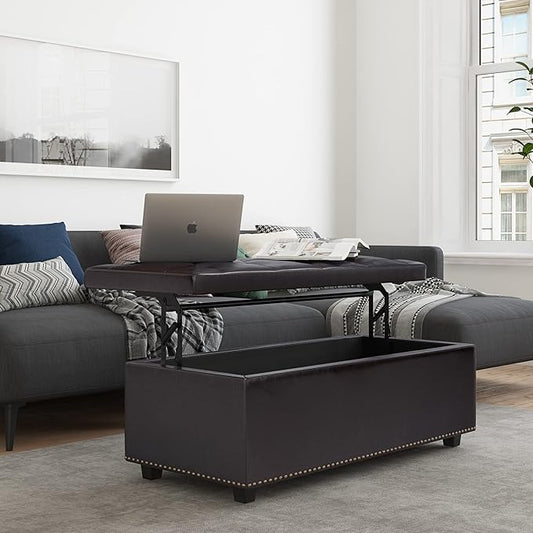 SIMPLIHOME Hamilton 44 inch Wide Traditional Rectangle Lift Top Rectangular Storage Ottoman in Tanners Brown Vegan Faux Leather, Assembled, For the Living Room, Entryway and Family Room