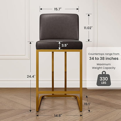 PHI VILLA Grey and Gold Bar Stools Set of 6, Faux Leather Counter Height Chairs, Kitchen Stools for Island, 24 Inch Barstools with Back