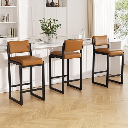 Bar Stools Set of 3, Faux Leather Counter Height Bar Stools with High Back and Metal Legs, Upholstered Bar Chairs, 26" Modern Barstools for Kitchen Island, Caramel