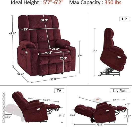 MCombo Oversized Power Lift Recliner Chair for Elderly, Dual Motor Lift Chair with Heat and Massage, Lay Flat Lift Chair for Big and Tall, Cup Holders, Fabric R7891 (Oversize, Burgundy)
