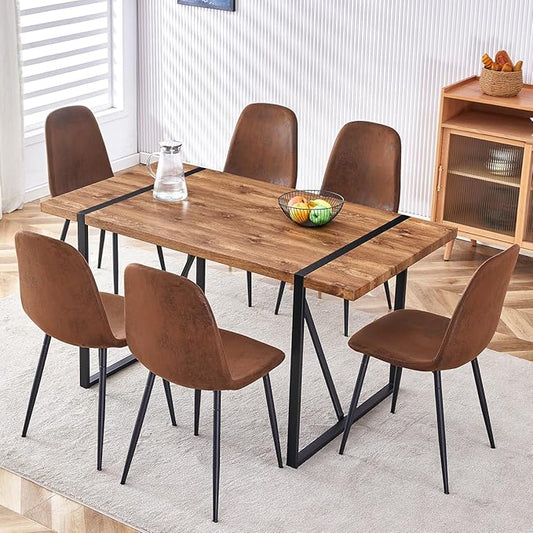 7 Piece Dining Table Set，Dinner Table Set for 6，55'' Kitchen Table and Suede Nap Fabic Chairs Set of 6，6 Chair Dining Table Set for Kitchen Dining Room