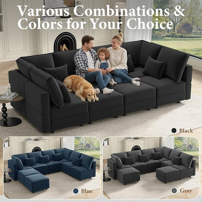 Vesgantti Sectional Sleeper Sofas with Storage, 118" Sofa Bed with 8 Seats Storage Chaises Removeble Cover, Deep Seat Modular Couches Velvet Couch Set for Living Room, Apartment, Home Theatre, Black
