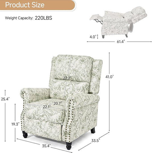 Lumibee Recliner Chair, Wingback Recliner Chair for Living Room, Modern Upholstered Fabric Pushback Armchair with Adjustable Backrest & Footrest for Small Spaces,Bedroom-Rococo Green
