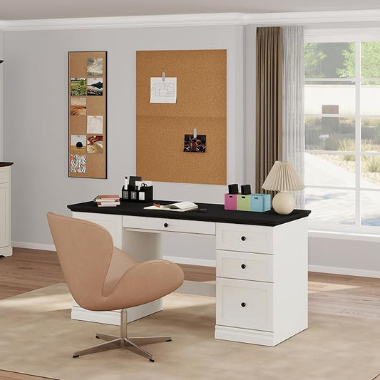 60.5" Executive Office Desk, Classic Computer Desk with File Drawer, Keyboard Tray Cabinet Storage, Farmhouse Wood Writing Desk for Home Office or Study, White with Black Desktop