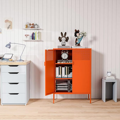 2 Mesh Door Metal Cabinet with Adjustable Shelves, Multipurpose Orange Storage Cabinet, 3-Tier,Metal Storage Cabinet for Office Home,Hallway(Orange, 47''H)
