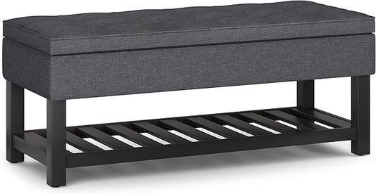 SIMPLIHOME Cosmopolitan 44 inch Wide Transitional Rectangle Storage Ottoman Bench with Open Bottom in Slate Grey Linen Look Fabric, Assembled for the Living Room and Bedroom