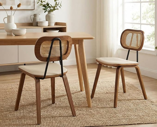 Mid-Century Dining Chairs Set of 2, PU Leather Kitchen Chairs with Rattan Backrest Wooden Legs Armless Design for Dining Room Living Room, Beige