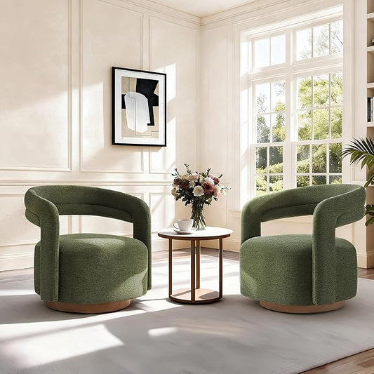 Swivel Accent Chair Set of 2, Upholstered Barrel Chair with Open Back Design, Modern Arm Chair with Wooden Base for Living Room Bedroom Reading Waitingroom,Green