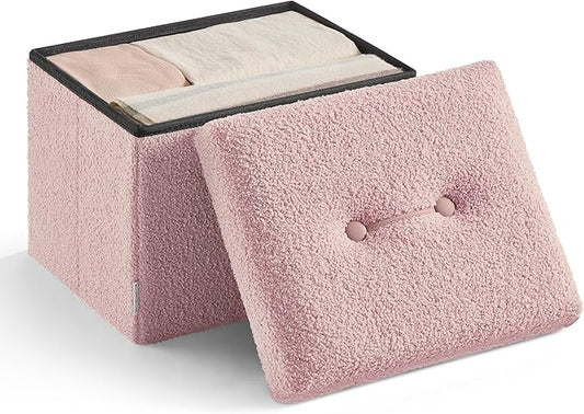 SONGMICS Small Folding Storage Ottoman, Foot Rest Stool, 12.2 x 16.1 x 12.2 Inches, Ottoman with Storage, Load up to 286 lb, for Living Room, Bedroom, Dorm, Jelly Pink ULSF094R01