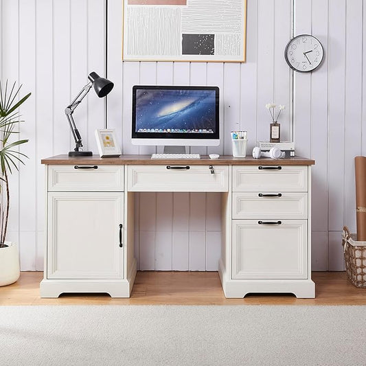 60" Farmhouse Executive Desk with Charging Station,Home Office Desk with 4 Drawers & 1 Cabinet&1 File Cabinet,Main Drawer with Lock,Wood Desk for Office and Home
