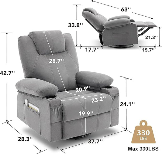 Oversized Swivel Rocker Recliner Sofa Chair with Heat and Massage, Large Big Recliner for Living Room, 360 Degree Swivel Rocking Single Sofa with Cup Holders and USB Port(Fabric, Cloud Grey)