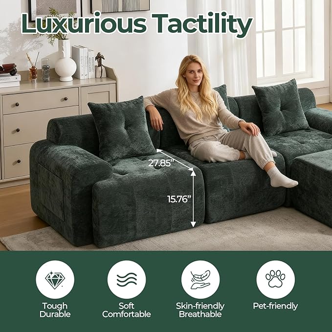 101.65” Modular Sectional Couch for Living Room, Modren L-Shape Cloud Sectional 3-Seater Sofa with Movable Ottoman, Woven Texture Upholstery Boneless Couch, No Assembly, Green