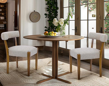 Modern Dining Chairs Set of 2, Walnut Upholstered Kitchen & Dining Room Chairs, Mid Century Modern Wooden Dining Chairs Oversized Sturdy Rounded Chairs Curved Back, Beige Fabric