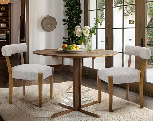 Modern Dining Chairs Set of 2, Walnut Upholstered Kitchen & Dining Room Chairs, Mid Century Modern Wooden Dining Chairs Oversized Sturdy Rounded Chairs Curved Back, Beige Fabric