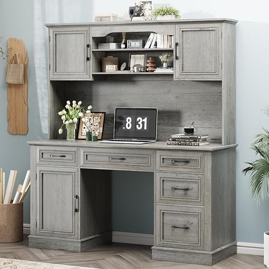 67" H Farmhouse Executive Desk with Hutch. Wood Workstation with 5 Drawers, Storage Cabinet, File Drawers and Charging Station, Ideal as Office Desks, Computer Desk for Home Office and Study.Gray