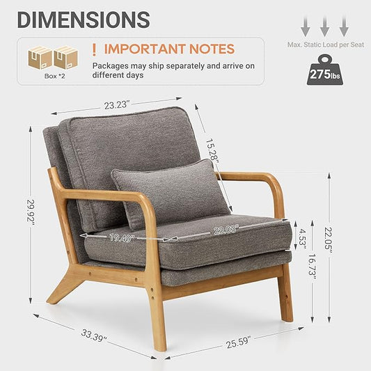 Modern Accent Chair Set of 2 with Lumbar Pillow, Relaxing Mid Century Chair Armchair with Solid Wood Frame & Soft Cushion, Reading Leisure Armchair for Living Room, Grey