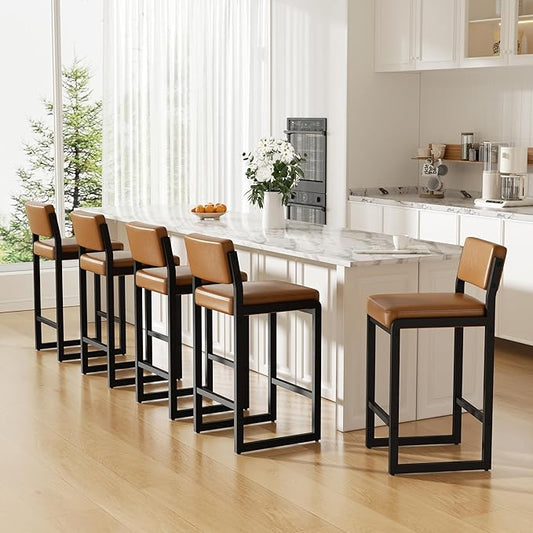 Bar Stools Set of 5, Faux Leather Counter Height Bar Stools with High Back and Metal Legs, Upholstered Bar Chairs, 26" Modern Barstools for Kitchen Island, Caramel