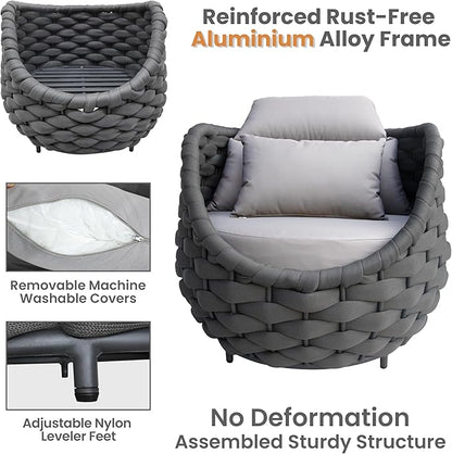 3 Pieces Balcony Seating Set: Aluminum Woven Rope Patio Chair Furniture Set - All Weather Metal Outdoor Conversation Set - Assembled Armchair with Table for Bistro Deck Porch Apartment Hotel