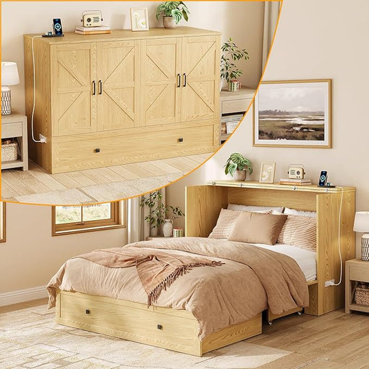 Murphy Bed Queen with Storage & Charging Station, Murphy Cabinet with Foldable Panel, Noisy Free, for Guest Bedroom, Living Room, Office, Distressed,Natural