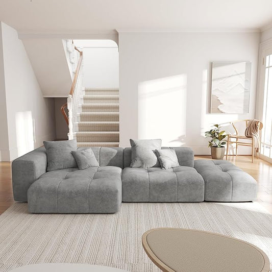 WJShome 119" L Shaped Sectional Couch,Modern Modular Sofa with Ottoman,Linen Deep Loveseat with Pillows Couches for Living Room, Bedroom and Apartment,Gray