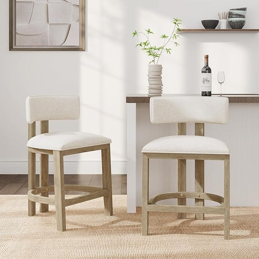 Christopher Knight Home Minso Wooden Counter Height Bar Stools Set of 2, Comfy Upholstered Barstools with Backrest/Footrest, Counter Stool for Kitchen Island/Home Bar Table, Light Ash + Beige