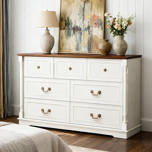 Farmhouse 7 Drawer Dresser for Bedroom, 52" Wide Rustic Chest of Drawers with Retro Handle, White Dresser with Natural Texture, Wood Vintage TV Stand for Living Room, Hallway, Antique White