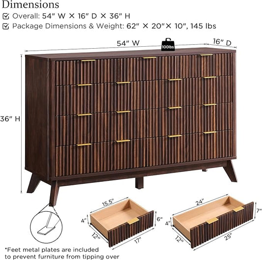 T4TREAM Fluted 9 Drawers Dresser, 54" Wide Modern Chest of Drawers, Curved Profile Design, Dresser TV Stand, Wood Drawer Organizer for Bedroom, Living Room, Hallway, Dark Walnut