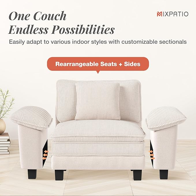 123-Inch L Shaped Sectional Sofa with Cloud Cushions, Deep Seat Modular Couch Set w/ 4 Seats & 1 Ottomans, Plush Chenille & Corduroy Upholstery for Living Room, Apartment - Beige
