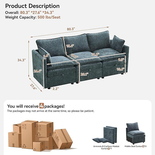 80" Cloud Modular 3 Seater Sofa with Storage, Modern Upholstered Storage Sofa Couch Deep Seat, Sectional Sofa Chenille Comfy Couch with Armrests for Living Room, Small Space, Blue