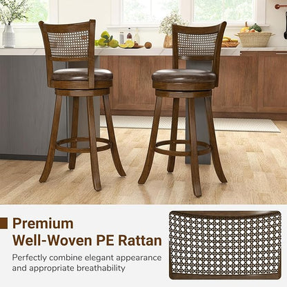 COSTWAY 30” Swivel Bar Height Barstool Set of 2, Rubber Wood Bar Stools with Rattan Backrest, Footrest, Upholstered Leathaire Armless Chairs for Kitchen Island, Pub, Brown(2, 30” Seat Height)