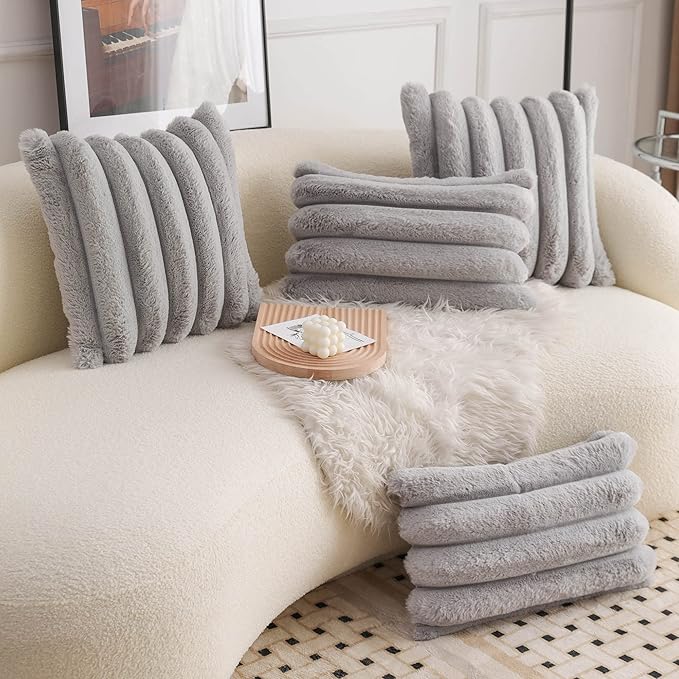 Neelvin Grey Faux Fur Cozy Soft Striped Decorative Throw Pillow Covers 16x16 inch Set of 2,Velvet Pillowcase Cushion Case for Sofa Couch